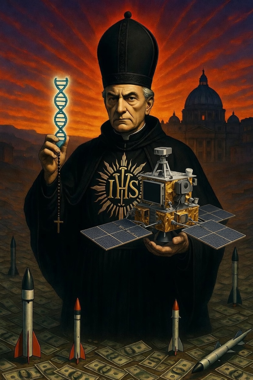 Jesuit figure holding a scale model of the Clementine lunar probe in one hand and a DNA-helix rosary in the other