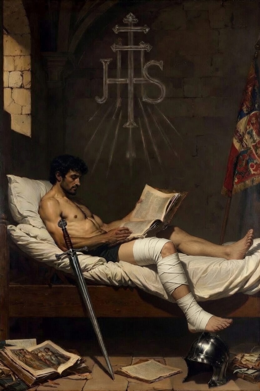 Iñigo Lopez de Loyola convalescing after the cannonball wound at Pamplona, 1521