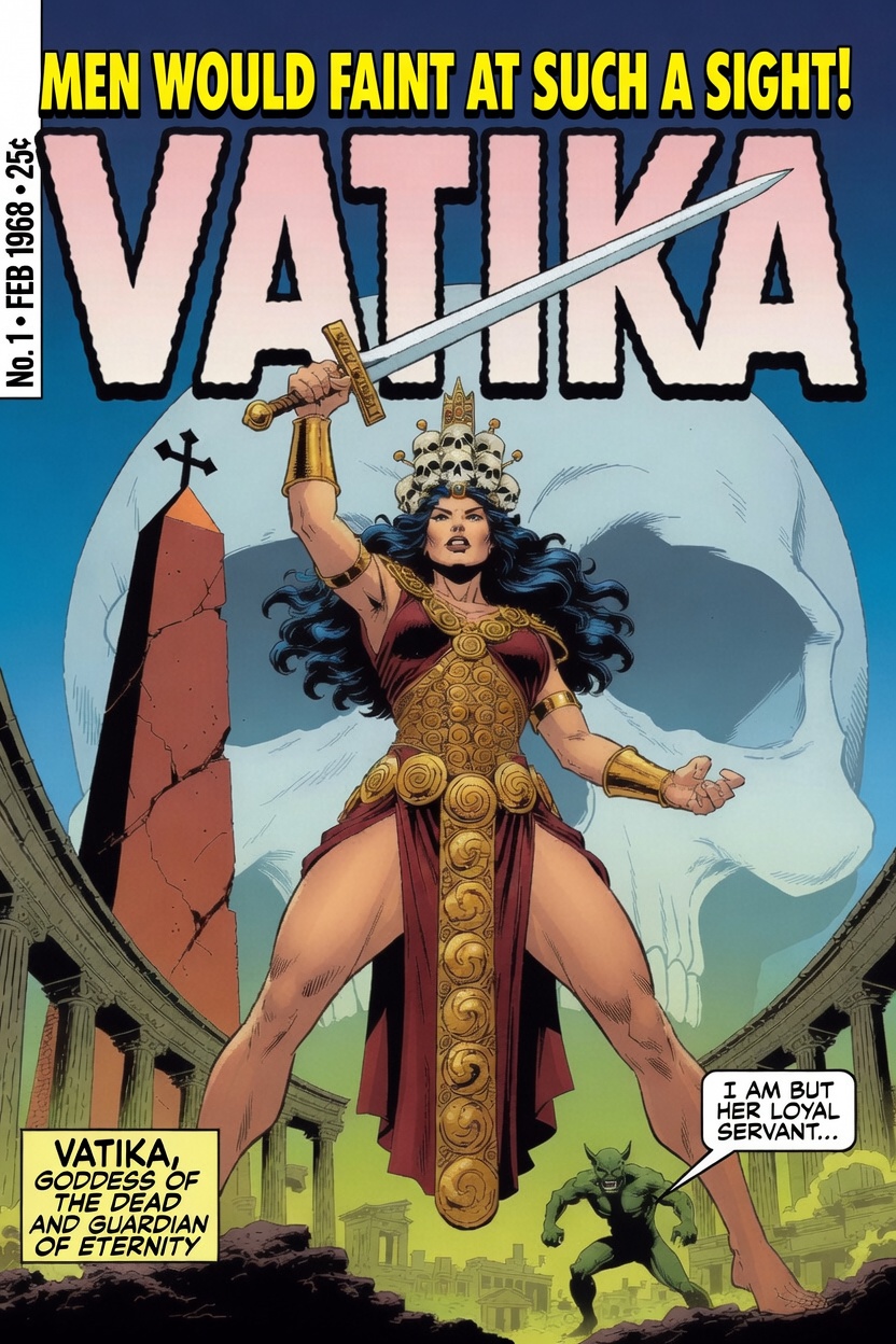 Vatika, the Etruscan goddess of the dead, rendered as a 1968 pulp cover