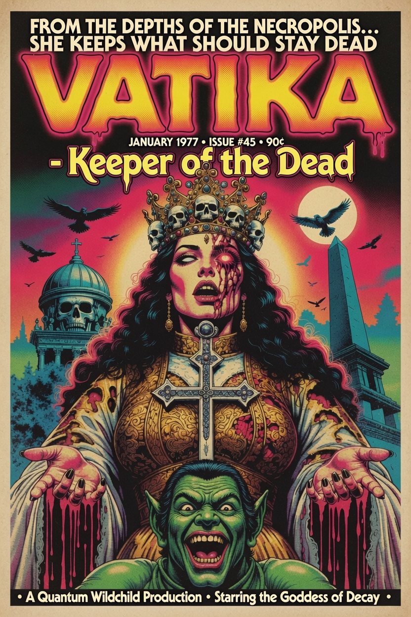Vatika, the goddess of the dead, rendered as a 1977 horror cover