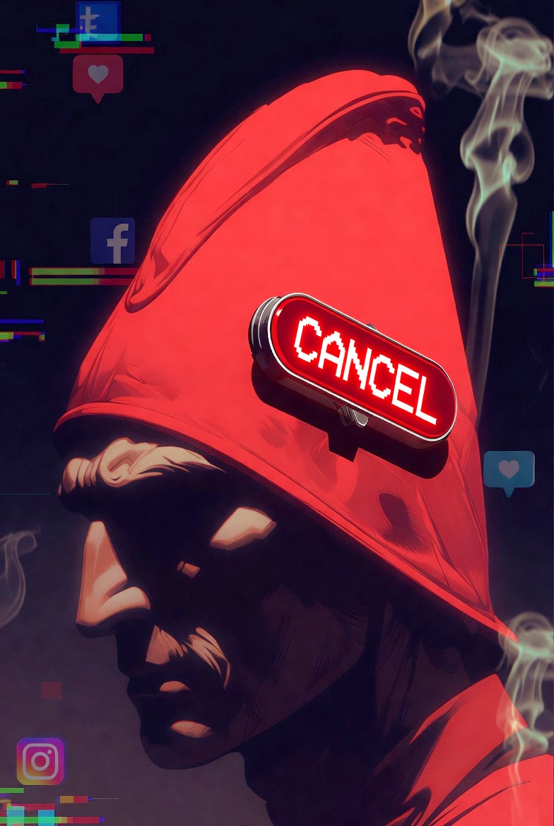 The Jacobin of the digital age — the cancel culture enforcer wearing the Phrygian cap with a glowing CANCEL badge, surrounded by social media platforms