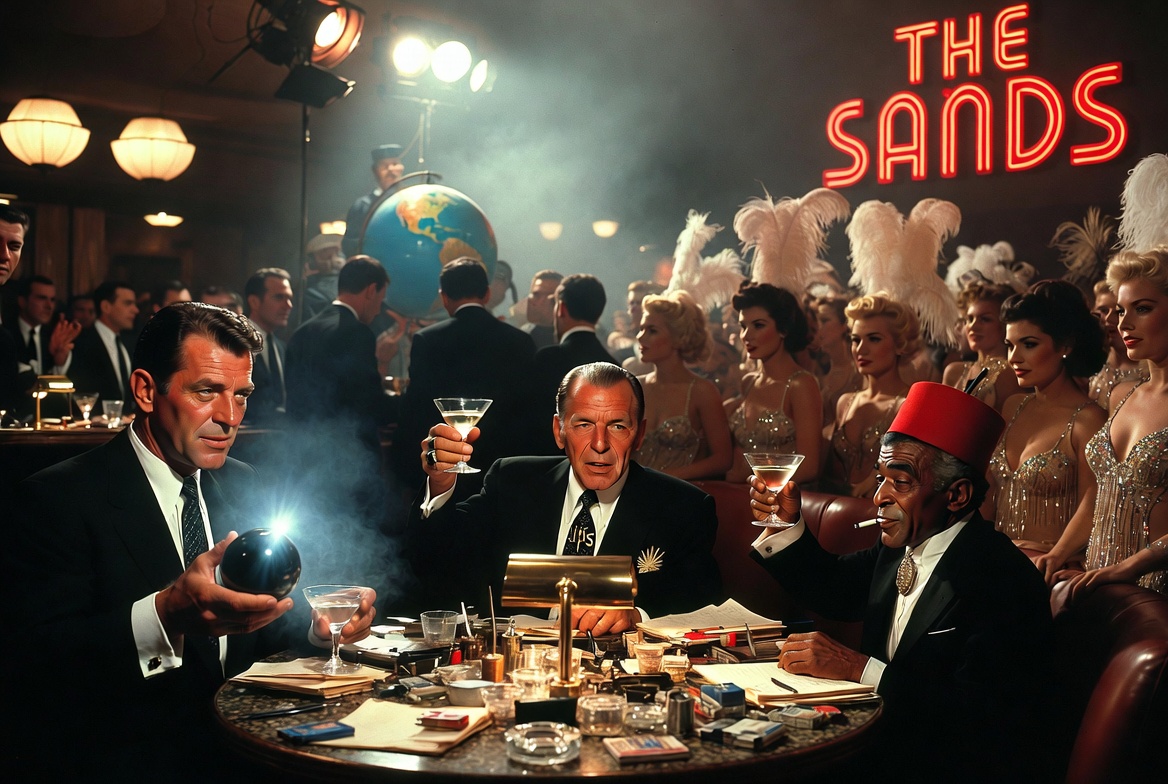 The Rat Pack archetype at a Sands-style lounge, the Earth turning on a prop stand under work lights