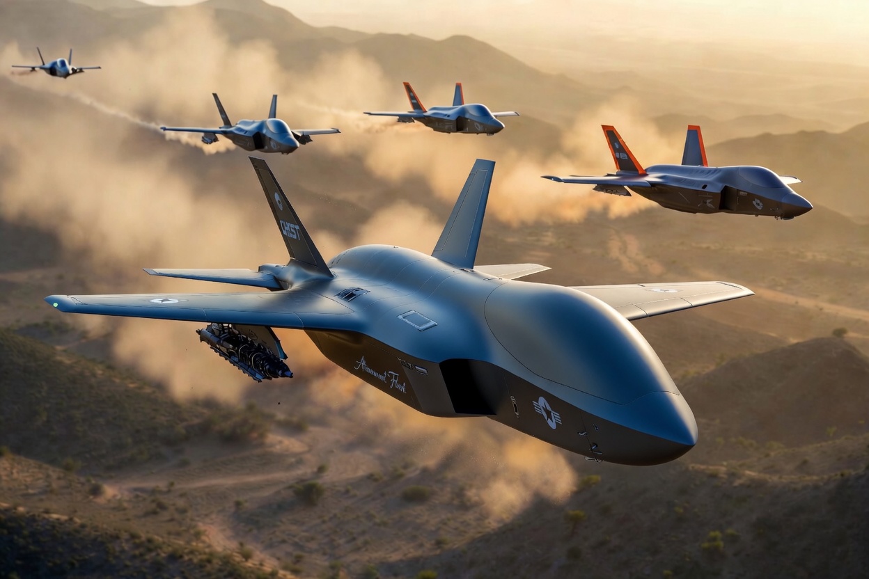 F35U Ghost as Alpha node leading a wing formation of Loyal Wingman drones