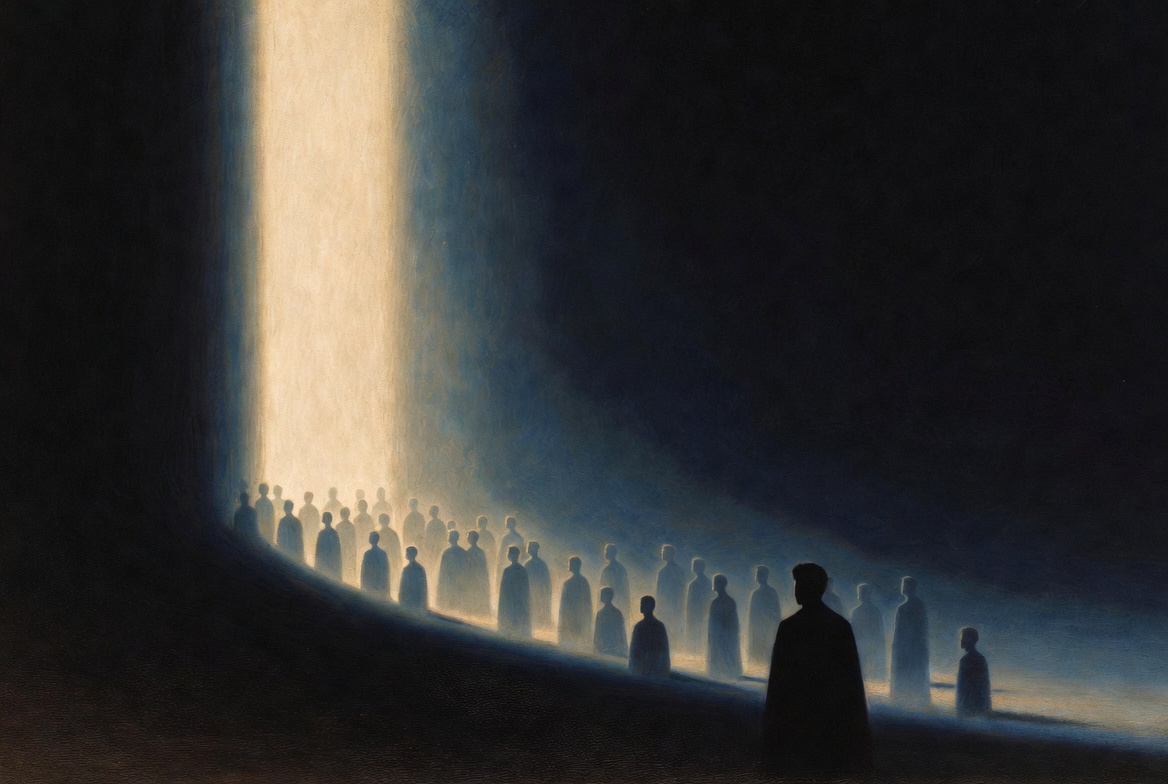 A line of figures receding into a column of light