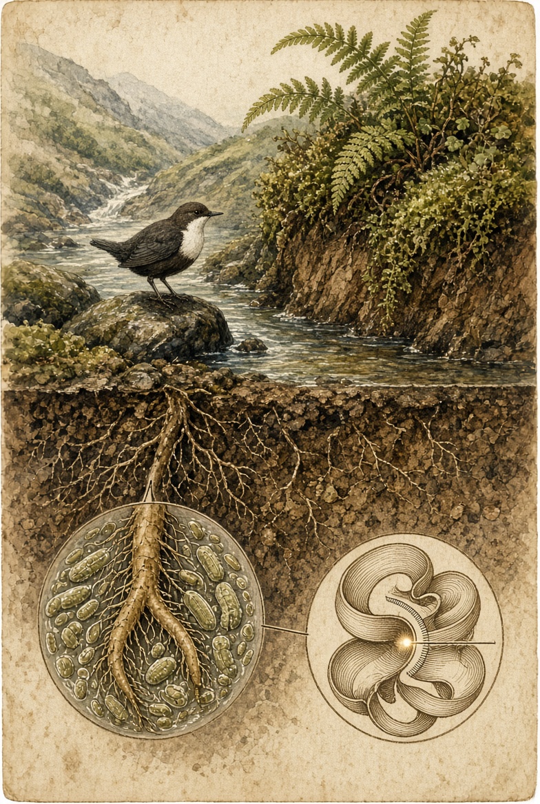 Upright plate: a dipper on a mountain stream above ground, a root system below, with two inset circles showing bacteria at the root tip and a folded pigment structure