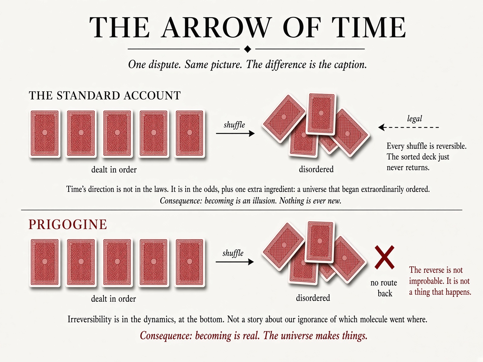 The arrow of time. A deck dealt in order and then shuffled, read two ways