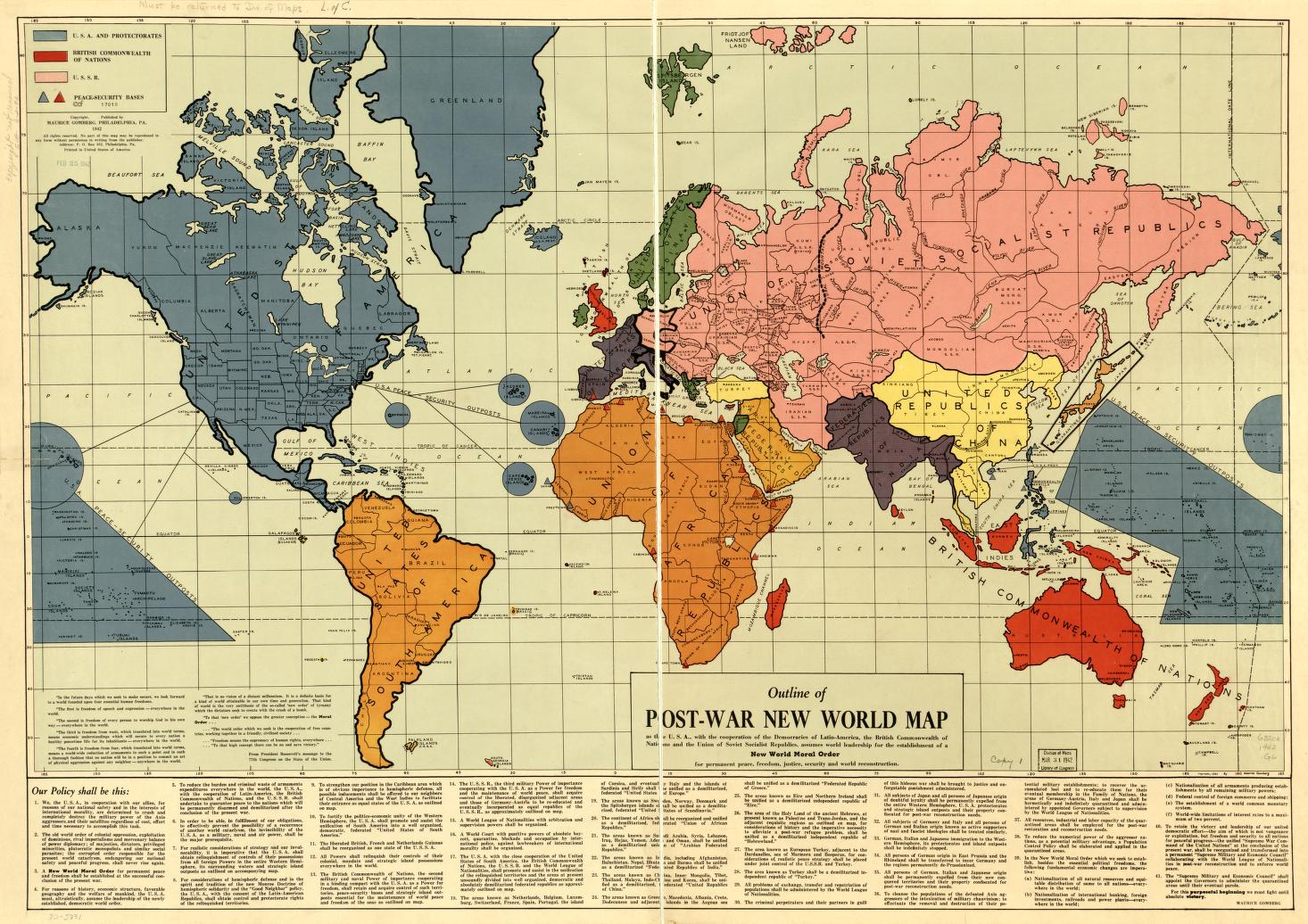 Outline of Post-War New World Map, Maurice Gomberg, Philadelphia, February 1942