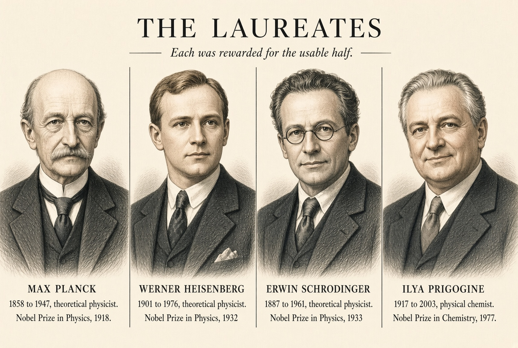 Engraved portraits of Planck, Heisenberg, Schrodinger and Prigogine