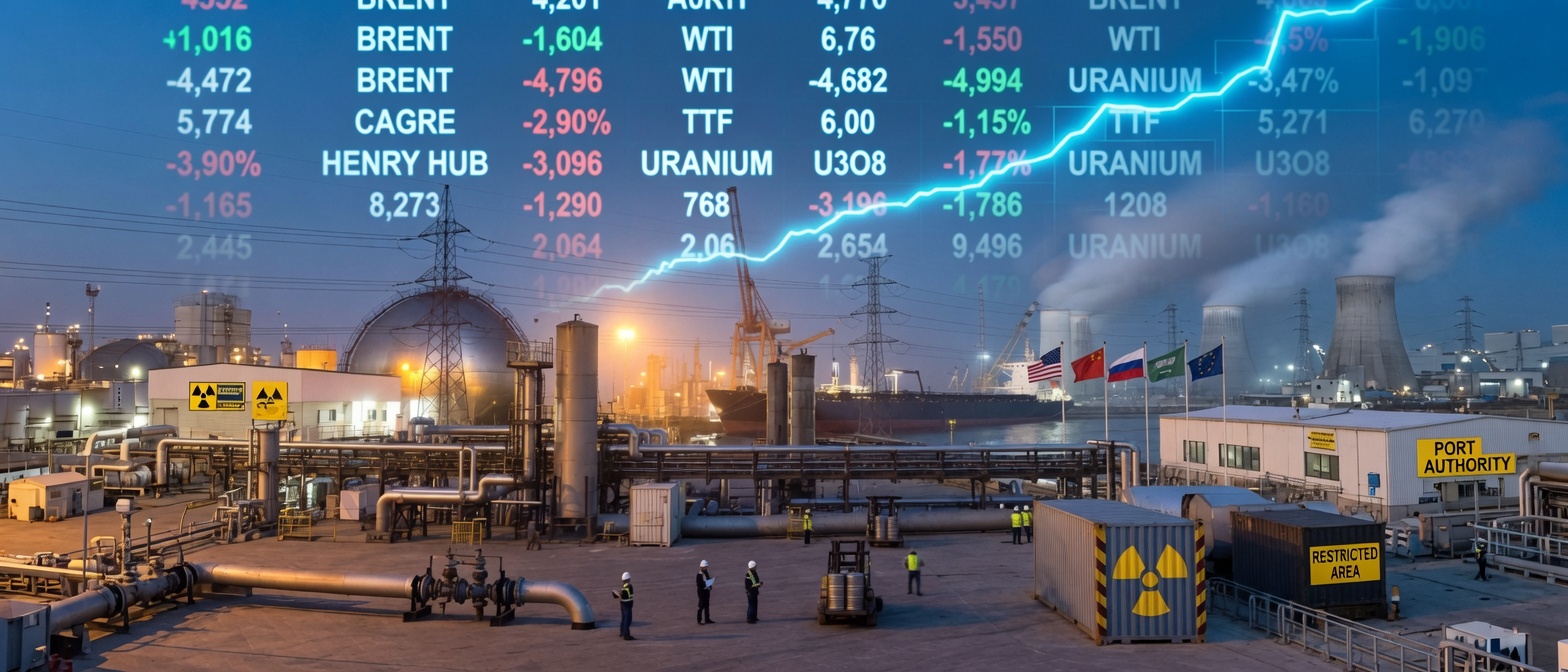 Working energy port at dusk with crude tanks, LNG sphere, gantry cranes, pylons and cooling towers, a financial data wall projected across the sky