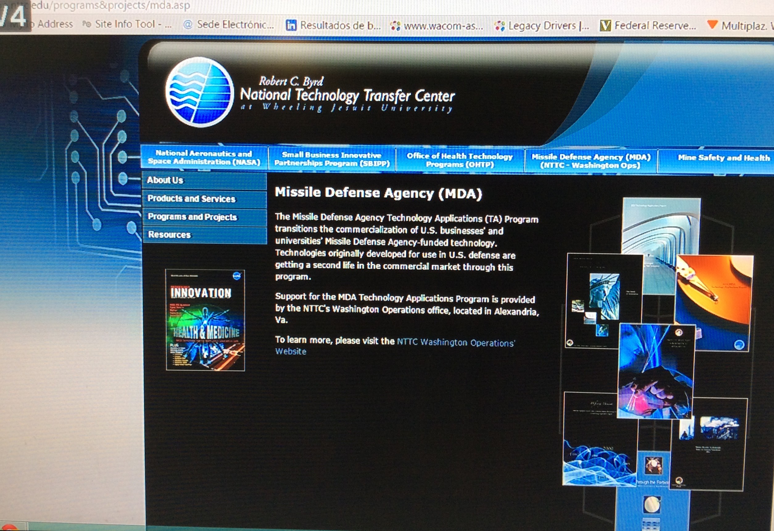 Screengrab of the Robert C. Byrd National Technology Transfer Center at Wheeling Jesuit University, showing the Missile Defense Agency programme page