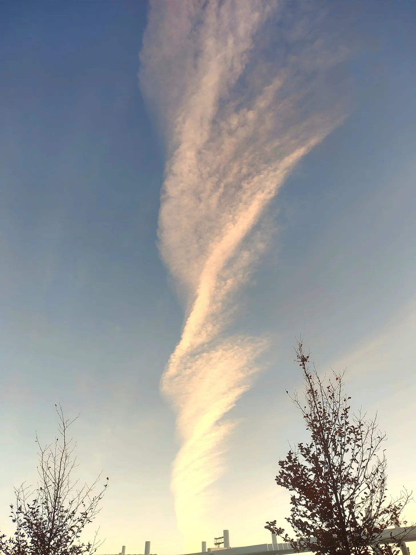 An unusual spiralling persistent contrail on a cloudless summer day
