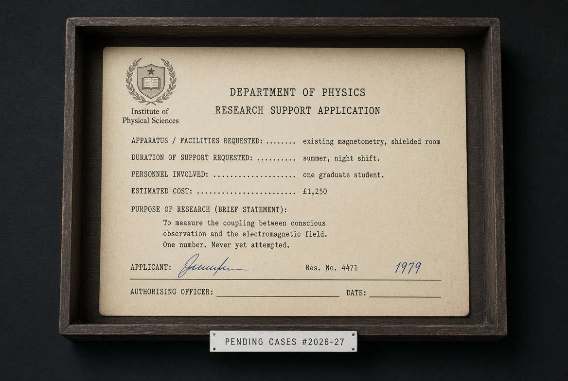 Departmental research support application form, 1979, requesting shielded room and magnetometry time to measure the coupling between conscious observation and the electromagnetic field
