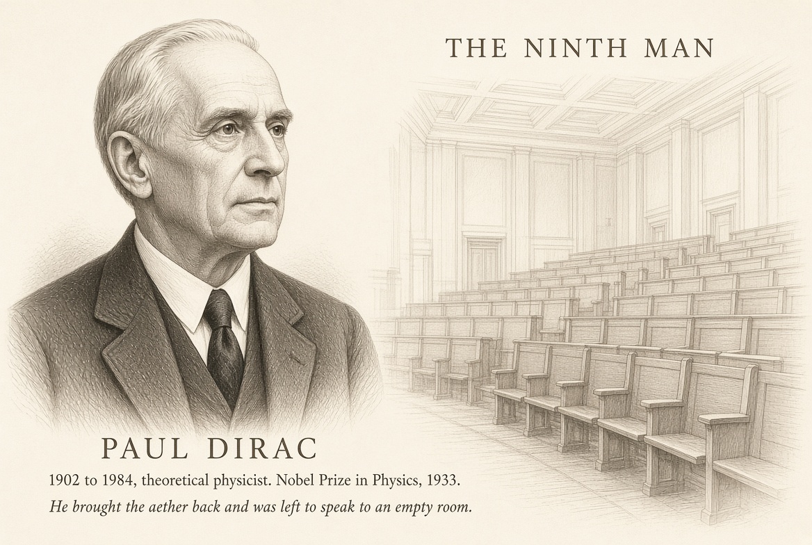 Engraved portrait of Paul Dirac beside an empty lecture hall