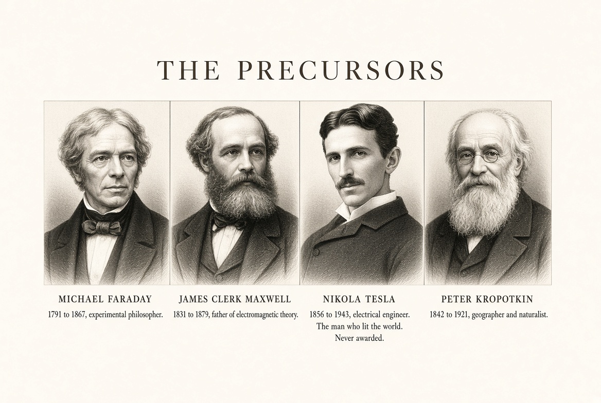 Engraved portraits of Faraday, Maxwell, Tesla and Kropotkin