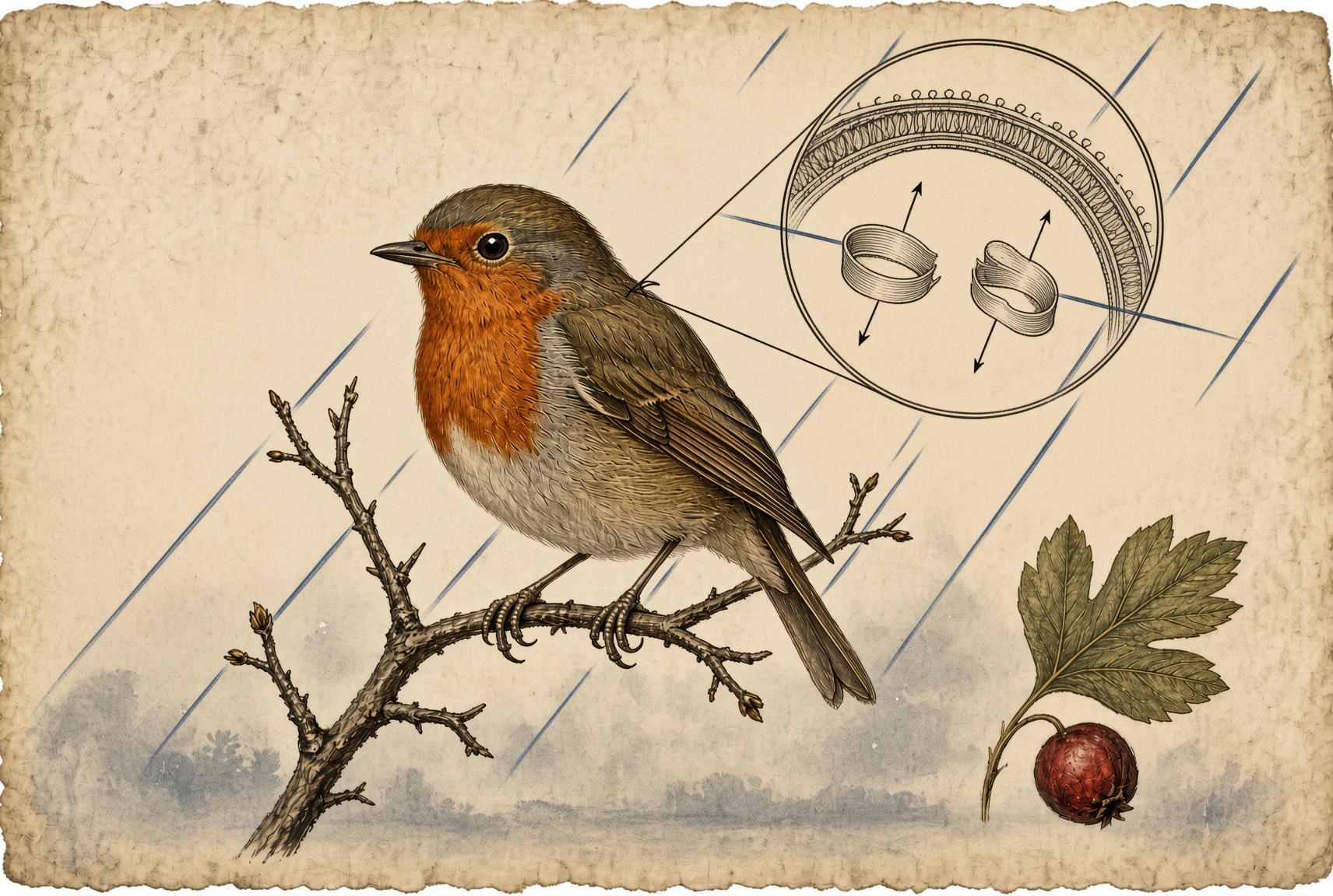 A robin on a hawthorn branch, blue diagonal field lines across the plate, and an inset circle of the retina showing two separated ribbon coils with spin arrows