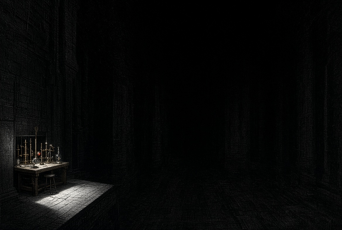 Vaulted stone laboratory, a single lit bench, the rest of the floor unlit