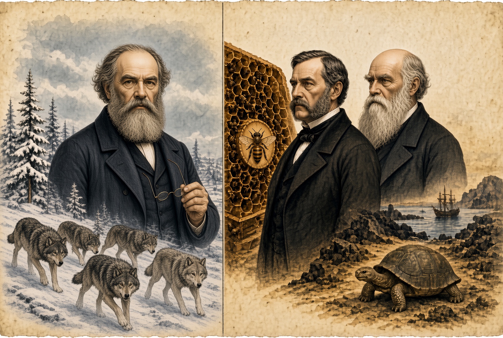 Engraved portraits of Darwin, Huxley and Kropotkin set against a single lens