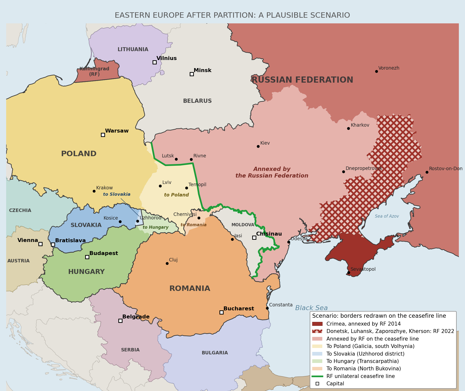 Plausible post-war map of Eastern Europe showing a partition of Ukraine
