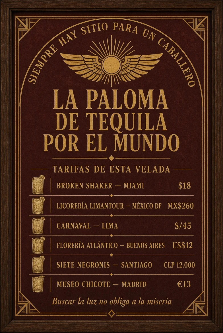 La Paloma de tequila por el mundo. Tarifas de esta velada. Buscar la luz no obliga a la miseria.