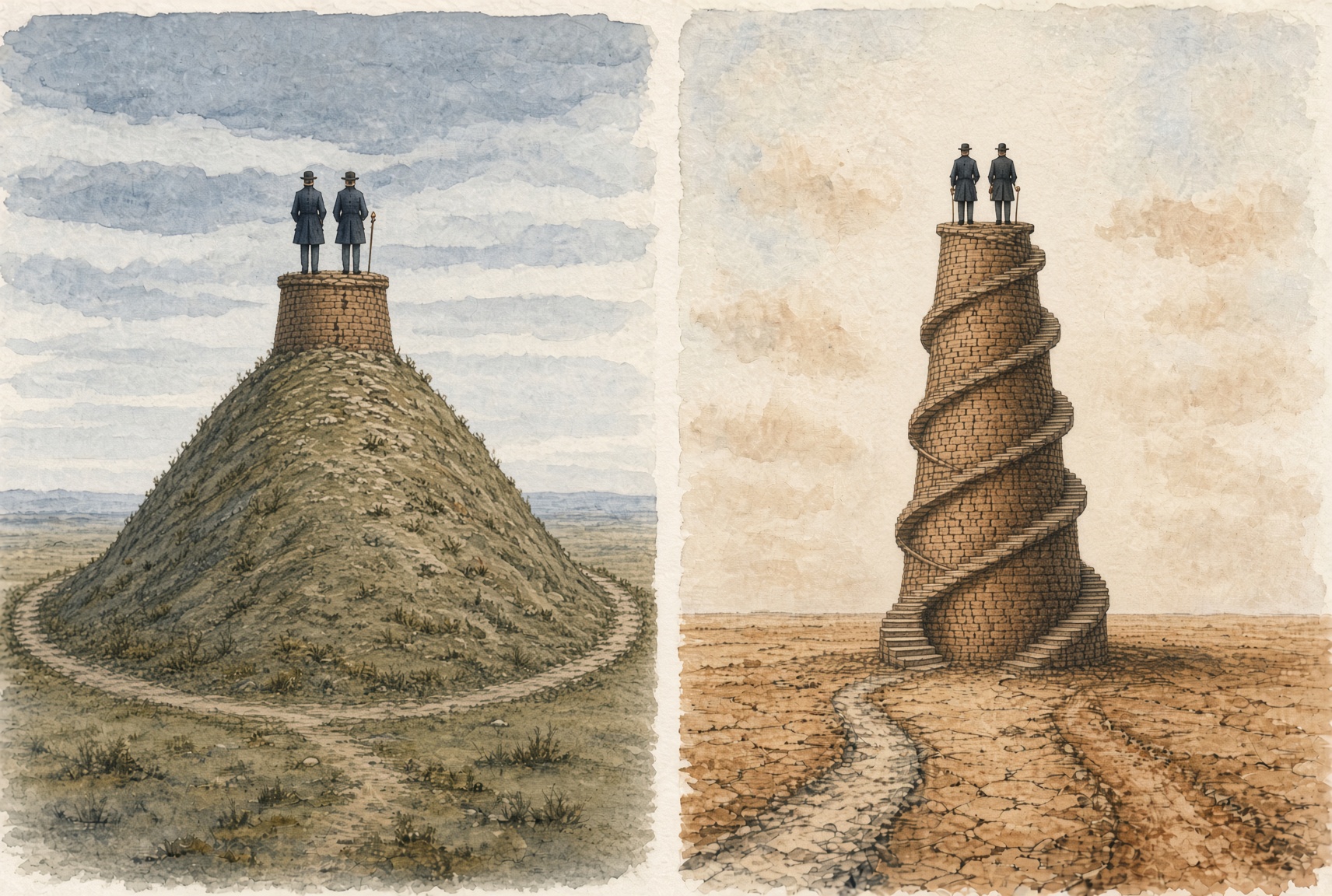 Two panels: figures on a stone at the summit of a mound, and figures atop a spiral stone tower with two stairways
