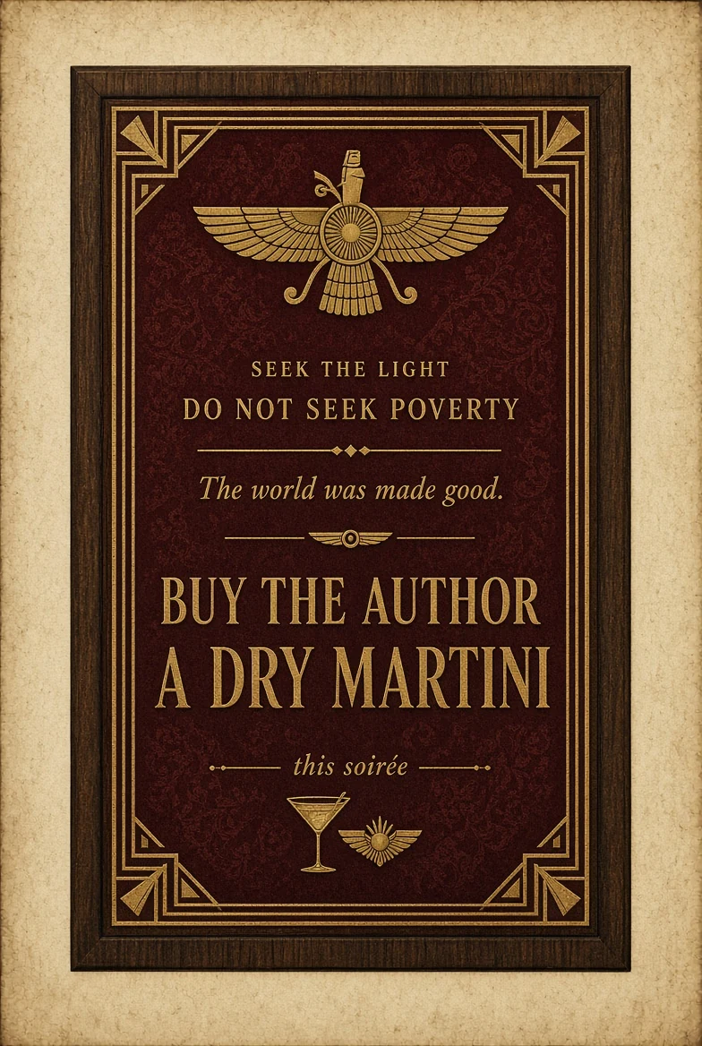 Seek the light, do not seek poverty. The world was made good. This soirée, buy the author a Dry Martini.